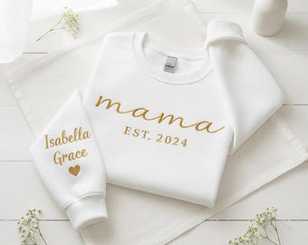 Sudadera de cuello redondo personalizada para mamá (Est. 2026), sudadera bordada para mamá, sudadera personalizada con nombres de niños en la manga, regalo único para el Día de la Madre.