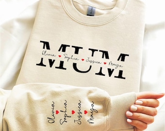 Sudadera personalizada con nombre de mamá para niños, suéter con nombre personalizado en la manga y el pecho, suéter de cuello redondo con estampado de mamá, regalo para el Día de la Madre, regalo para mamá primeriza