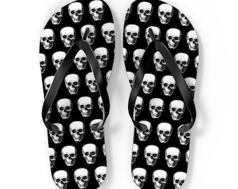 Skull Flip Flops, Gothic Sandals, Black and White Skull Pattern, Punk Summer Slides