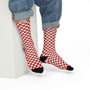 Red Checkered Crew Socks / Red and Beige Race Checkered Flag / checkerboard socks / Checkered Socks / unisex socks / checkerboard clothes