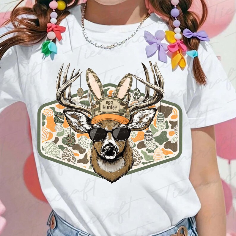 May include: White t-shirt featuring a deer graphic with sunglasses and a camouflage hat that says "Egg Hunter." The deer has antlers with Easter egg ornaments. The background has a camouflage pattern with Easter eggs.