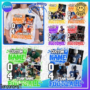 Könnte beinhalten: Ein hellgraues T-Shirt mit einem individuellen Football-Design. Das Design enthält die Wörter "CUSTOM NAME", die Zahlen "0" und "4", die Wörter "TEAM NAME FOOTBALL" und Footballspieler-Bilder. Zusätzliche Designs sind ebenfalls abgebildet.
