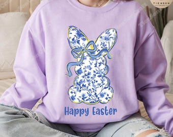 Blue Floral Chinoiserie Bunny Png, Grand Millennial Easter Png, Happy Easter PNG, Blue Toile Easter Rabbit Png, Easter Coquette Png
