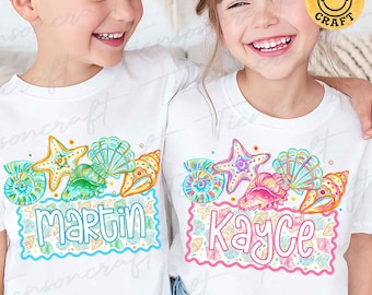 Custom Name Kids Beach PNG, Preppy Summer Block Letter Shirt Png, Boy Girl Pool Shells Striped Sublimation Png, Digital Design