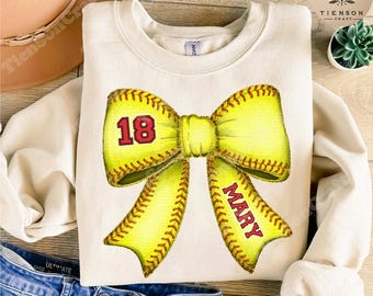 Custom Softball Bow Png, Softball Mom Shirt With Kids Name & Jersey Number Png, Game Day Png, Softball Coquette, Softball Mama Png