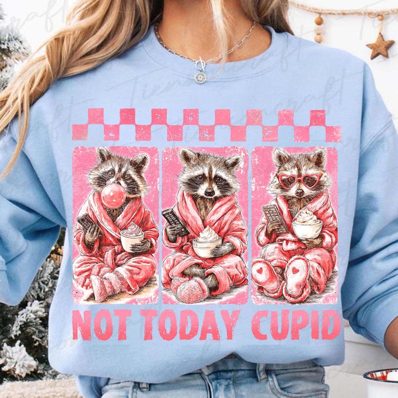 May include: Light blue sweatshirt with a graphic of three raccoons in pink robes, each holding a remote and a dessert. The text "NOT TODAY CUPID" is printed in pink below the raccoons.