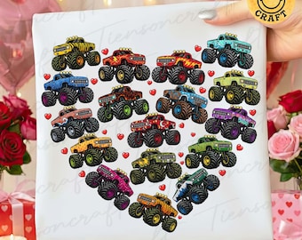 Camión monstruo para San Valentín (PNG), Corazón (PNG), San Valentín para niños (PNG), Camión monstruo para niños, Regalo de San Valentín para niños, Diseño digital