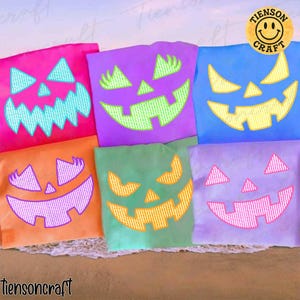 Preppy Seersucker Pumpkin Face Neon PNG, Girly Halloween Jack O Lantern Sublimation, Bright Fall Shirt Design with Lashes, Digital Design