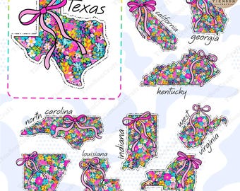 BUNDLE Floral Coquette State Png , Retro State Png, Floral Texas Png, Trendy Girly Shirt Design, Coquette Bow State Shirt Design