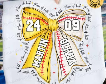 Maglietta personalizzata per mamma di softball con nome e numero del bambino, maglietta per mamma di baseball con nome e numero del bambino, giornata della partita di softball Coquette, design digitale