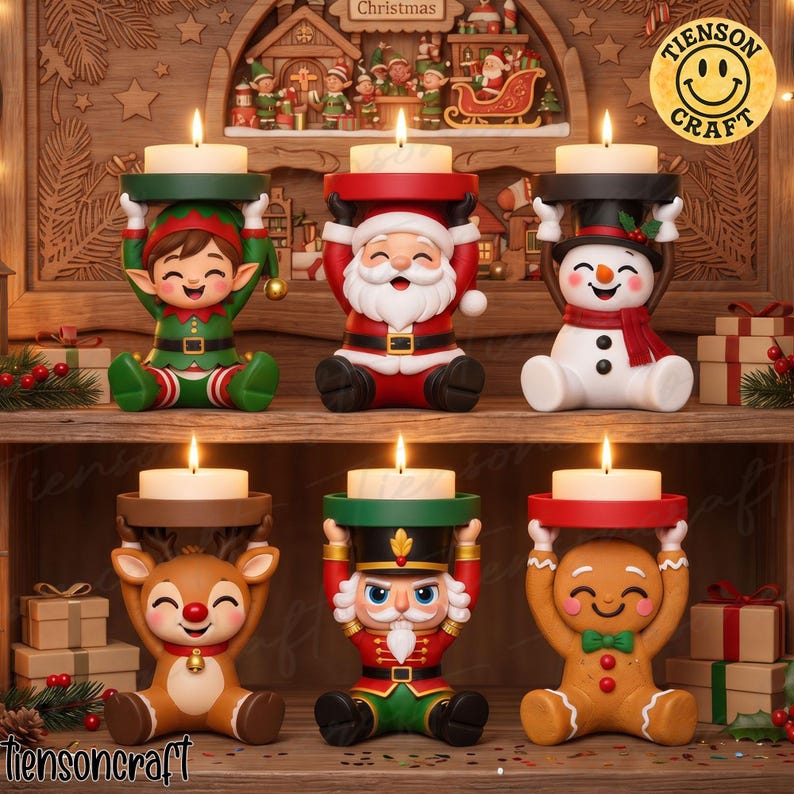 6 Festive Christmas Candle Holder 3MF STL 3D File, Holiday Tea Light ...