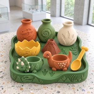 May include: A green tray featuring dinosaur-themed items including three small vases with fossil designs, a yellow cracked egg bowl, a brown volcano, a green triceratops bowl, an orange dinosaur bowl, and a yellow spoon with a bone-shaped handle.