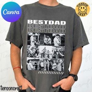 May include: Dark gray t-shirt with the text "BESTDAD" repeated three times in white. The shirt features a collage of black and white photos of a father and child. A yellow smiley face logo is in the upper right corner.