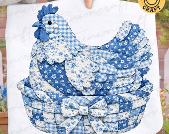 Blue Toile Faux Yarn Chicken Hen PNG, Trendy Grandma Patchwork Duck Art, Chinoiserie Shabby Chic Quilt Shirt, Digital Design