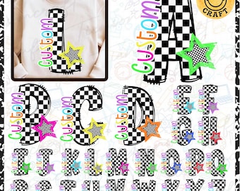 Alfabeto retrò personalizzato per la scuola, pacchetto PNG, nome personalizzato PNG, stella a scacchi, lettera del nome, magliette personalizzate con nome PNG, design digitale
