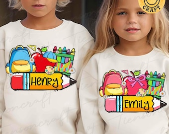 Personalized Back To School Pencil PNG for Kids, Cute Kids School Png, First Day Of School Custom Name, Apple Crayon Ruler, Digital Design