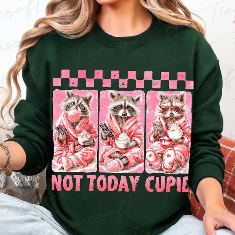 May include: Dark green sweatshirt with a graphic of three raccoons in pink robes, each holding a cup and remote. The text "NOT TODAY CUPID" is below the raccoons. The raccoons are in a pink frame with a checkered pattern.