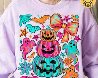 Preppy Neon Halloween Pumpkin Ghost PNG, Coquette Halloween Bow png, Fall Bat Ghost , Girly Spooky Pumpkin, Cute Halloween, Digital Design