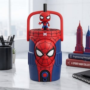 Puede incluir: Una botella de agua cilíndrica con temática de Spider-Man en colores rojo y azul con un patrón de telaraña. La tapa incluye una pequeña figura de Spider-Man y un asa roja. El frente muestra un gráfico grande de la máscara de Spider-Man.