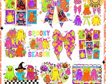 May include: A digital graphic sheet featuring colorful Halloween-themed illustrations including ghosts, pumpkins, bows, and ducks. Text elements include 'SPOOKY SEASON', 'just a spooky goose', and 'boo-boo crew' alongside a 'TIENSON CRAFT' logo.