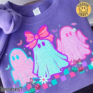 Preppy Seersucker Cute Ghost PNG, Cute Girly Halloween PNG, Girly Halloween Ghost, Bright Fall Shirt Design with Lashes Png, Digital Design