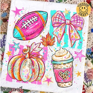 May include: A white graphic print featuring a pink and turquoise football, a plaid bow with floral accents, an orange maple leaf, a pumpkin with leopard print and floral patterns, and a coffee cup with leopard print and a heart design.