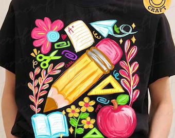 Floral Teacher Pencil PNG, Coquette Teacher Back To School Png, 1st Day Of School Png, Boho Floral Teacher, School Girl Png, Digital Design