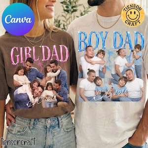 May include: Two t-shirts with family photos. One is brown with "GIRL DAD" in pink balloon letters. The other is beige with "BOY DAD" in blue balloon letters. Both shirts have family photos and the text "Est 2026".