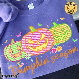 Preppy Seersucker Pumpkin Season PNG, Cute Girly Halloween, Girly Halloween Ghost, Bright Fall with Lashes, Faux Embroidery, Digital Design