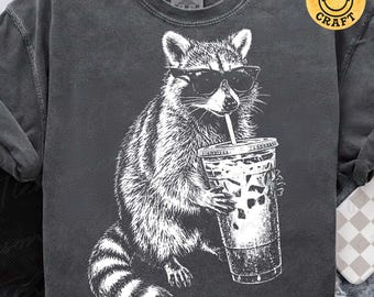 Raccoon Drinking Iced Coffee PNG, Retro Prehistoric Animal Meme Shirt Design, Funny Coffee Lover Gift Graphic, Digital Design
