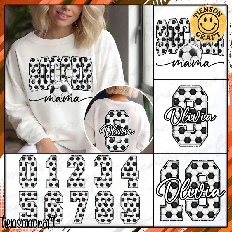 Pu&ograve; includere: Felpa color crema con testo "SOCCER mama" e grafica a pallone da calcio. Immagini aggiuntive mostrano numeri con motivo a pallone da calcio 0-9 e un design di maglia con il nome "Olivia" e il numero 8 o 10.