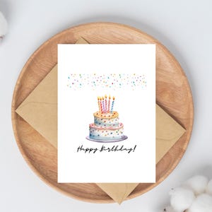 Printable Happy Birthday Card 5x7 Cute Birthday Cake Card with Candles Instant Download Birthday Greeting Post Card Confetti Watercolor Art