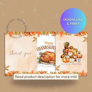 Thanksgiving Printable Cards Bundle Fall Greeting Card Set Autumn Thank You Cards Pumpkin Turkey Postcard 5x7 Digital Download PNG PDF
