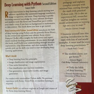 May include: The back cover of the book Deep Learning with Python Second Edition by Fran&ccedil;ois Chollet. It features a summary of the book, testimonials from industry experts, a list of topics covered, the ISBN 978-1-61729-686-4, and a barcode.