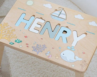 Personalized Toddler Step Stool Wooden Name Puzzle Stool 1 2 3 Years Old Gift Ocean Nursery Decor Birthday Gift For Nephew Baptism Boy Gift