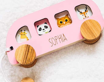 Wooden Pull Toy Eco-friendly Baby Toy Safe Baby Toy Name Puzzle Bus Nursery Decor Toy Custom Baby Gift Scandinavian Baby Toy Boho Baby Gift