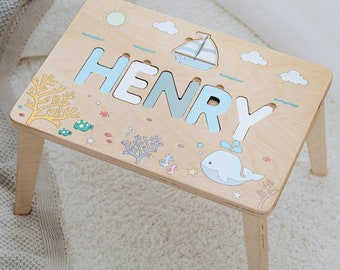 Personalized Toddler Step Stool Wooden Name Puzzle Stool 1 2 3 Years Old Gift Ocean Nursery Decor Birthday Gift For Nephew Baptism Boy Gift
