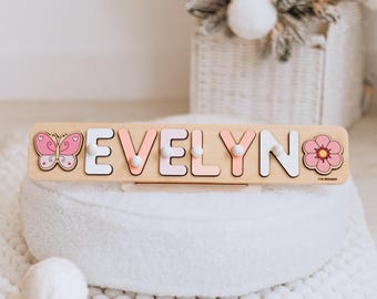 Baby Girl Birthday Gift. Cute Nursery Decor. Pink Name Puzzle with Flower. Cute New Baby Gift. Christmas Gift for Kids. Gift for Niece.