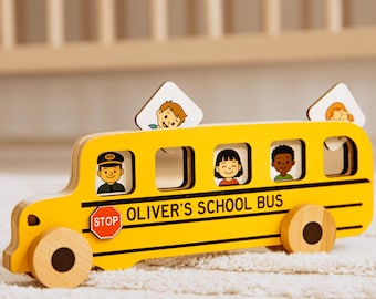 Toy Yellow School Bus with Name. Personalized Wooden Bus. 1st Birthday Gift. Name Toy Car. Toys For Toddlers. Baptism Boy Gift. Sensory Toy.