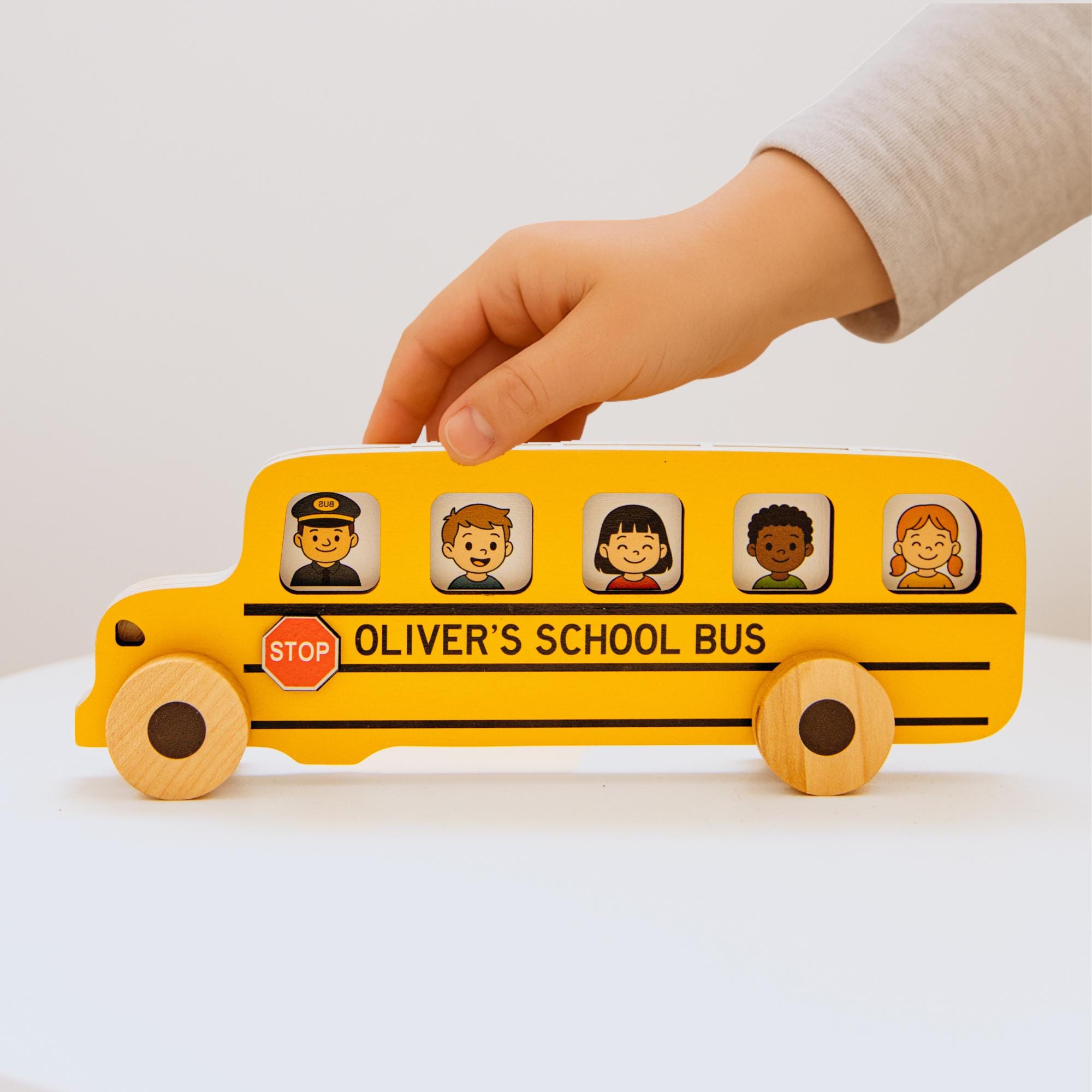 Personalized Wooden Car For Toddler. Eco-friendly School Bus Toy. Sensory Toys. Educational Toy With Small Cards.