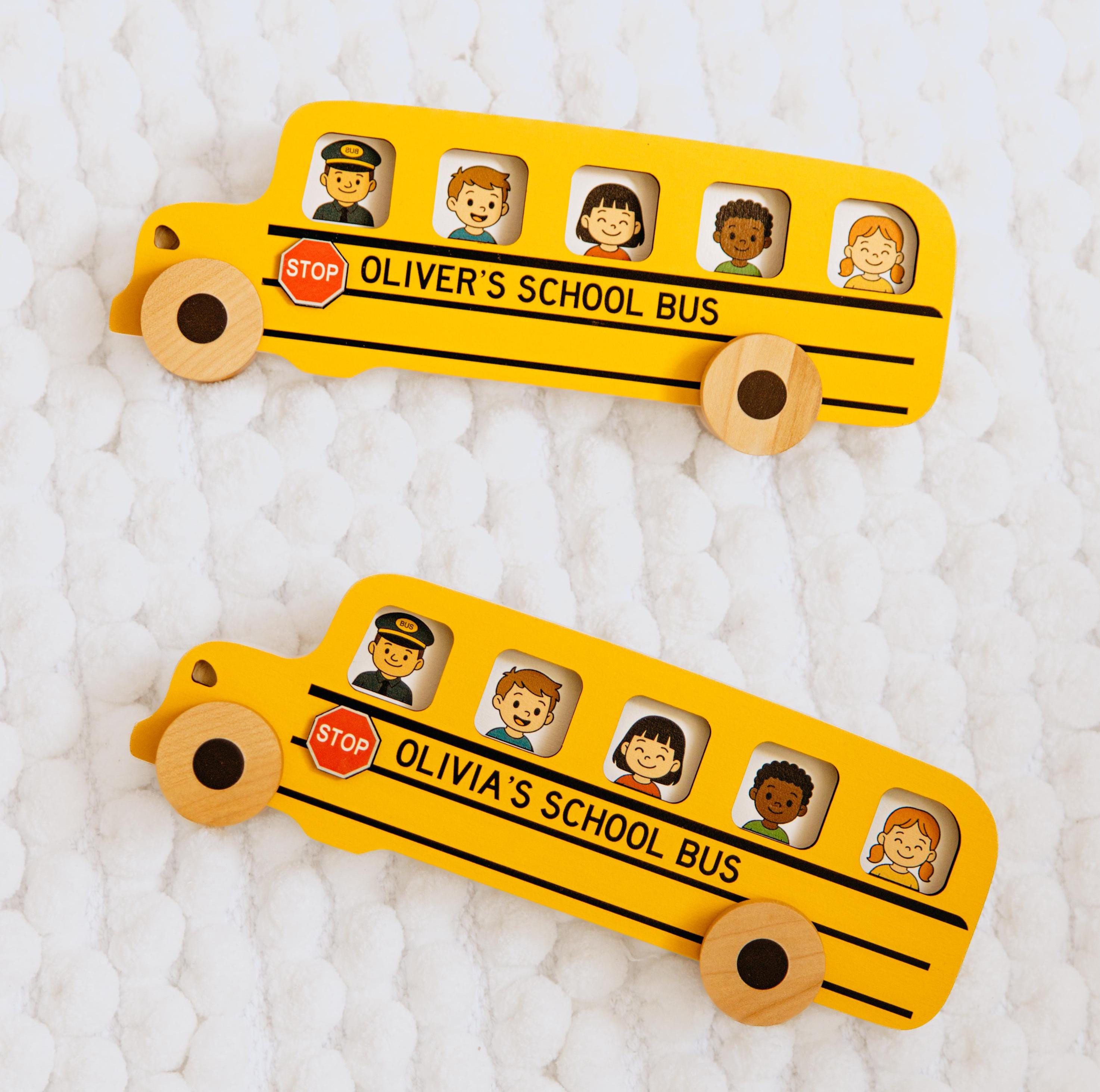 Personalized Wooden Car For Toddler. Eco-friendly School Bus Toy. Sensory Toys. Educational Toy With Small Cards.