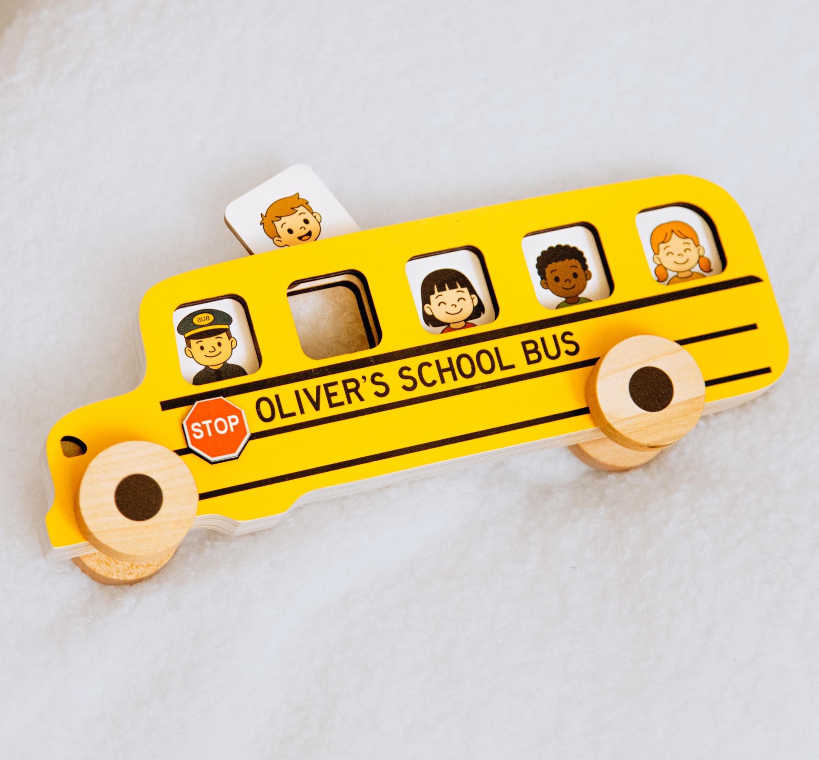 Personalized Wooden Car For Toddler. Eco-friendly School Bus Toy. Sensory Toys. Educational Toy With Small Cards.