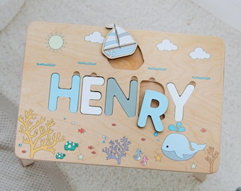 Taburete Ocean Step para niños, regalo de bautismo, taburete de madera con nombre, rompecabezas, regalo para niños de 1, 2 y 3 años, decoración infantil personalizada, regalo de cumpleaños para sobrino