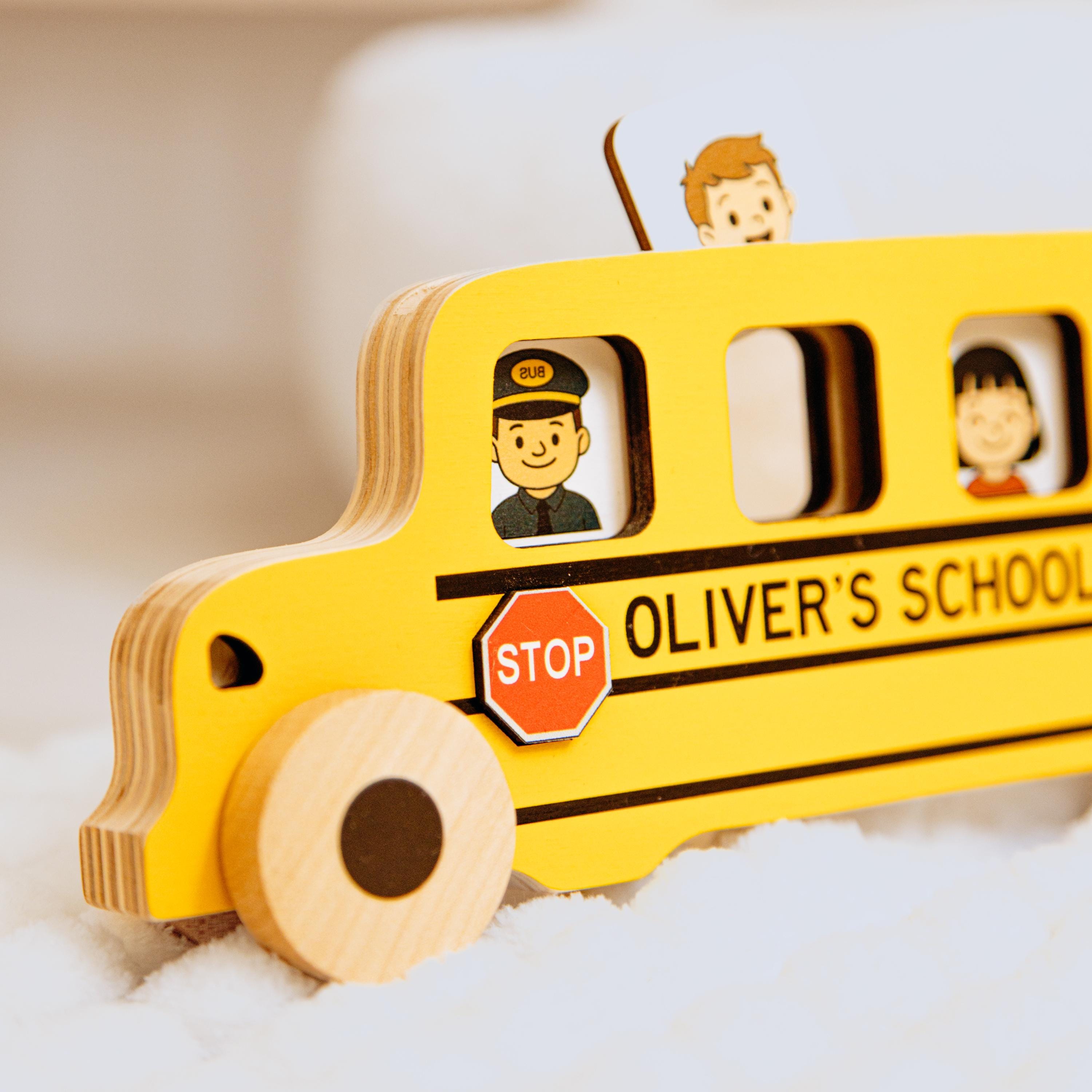 Personalized Wooden Car For Toddler. Eco-friendly School Bus Toy. Sensory Toys. Educational Toy With Small Cards.