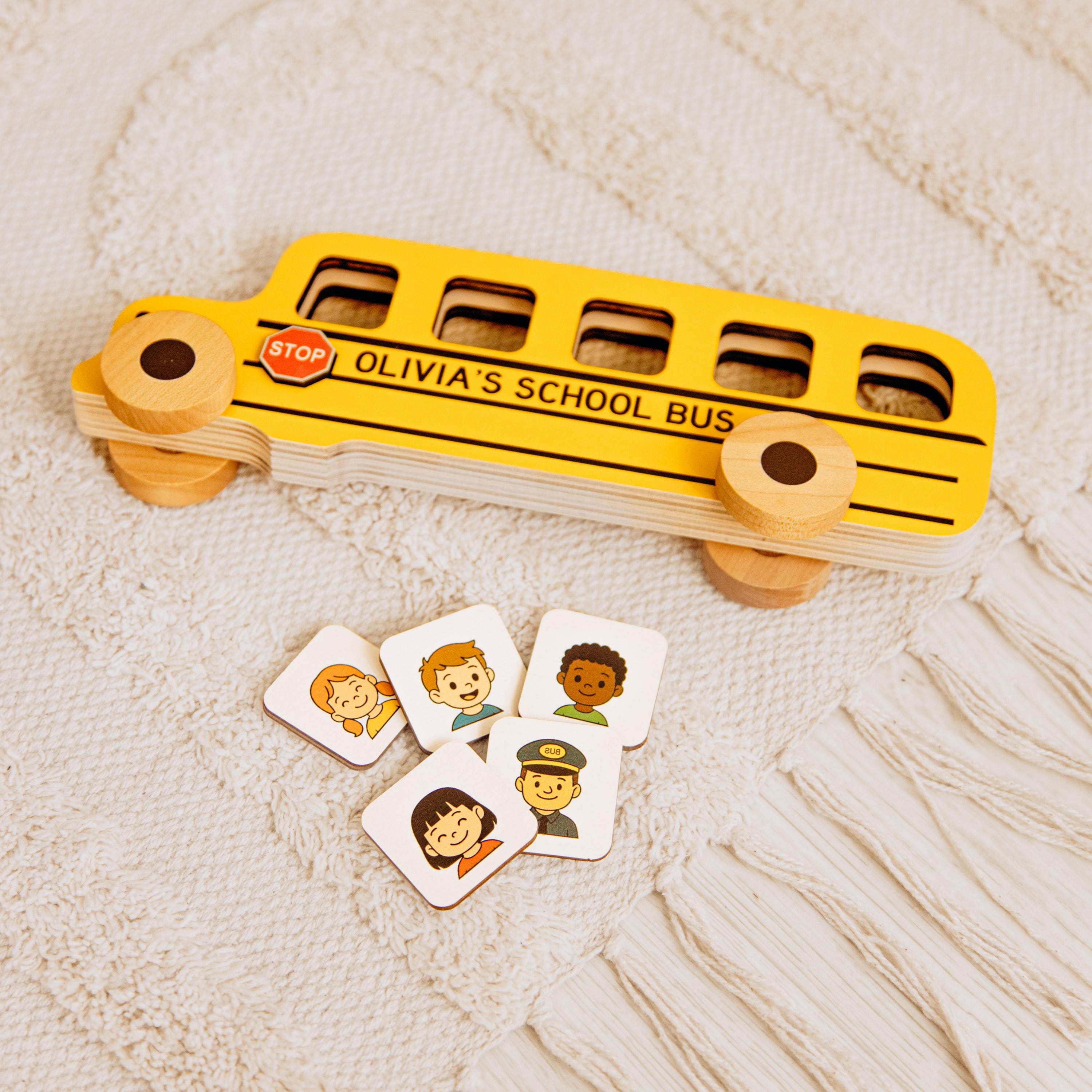 Personalized Wooden Car For Toddler. Eco-friendly School Bus Toy. Sensory Toys. Educational Toy With Small Cards.