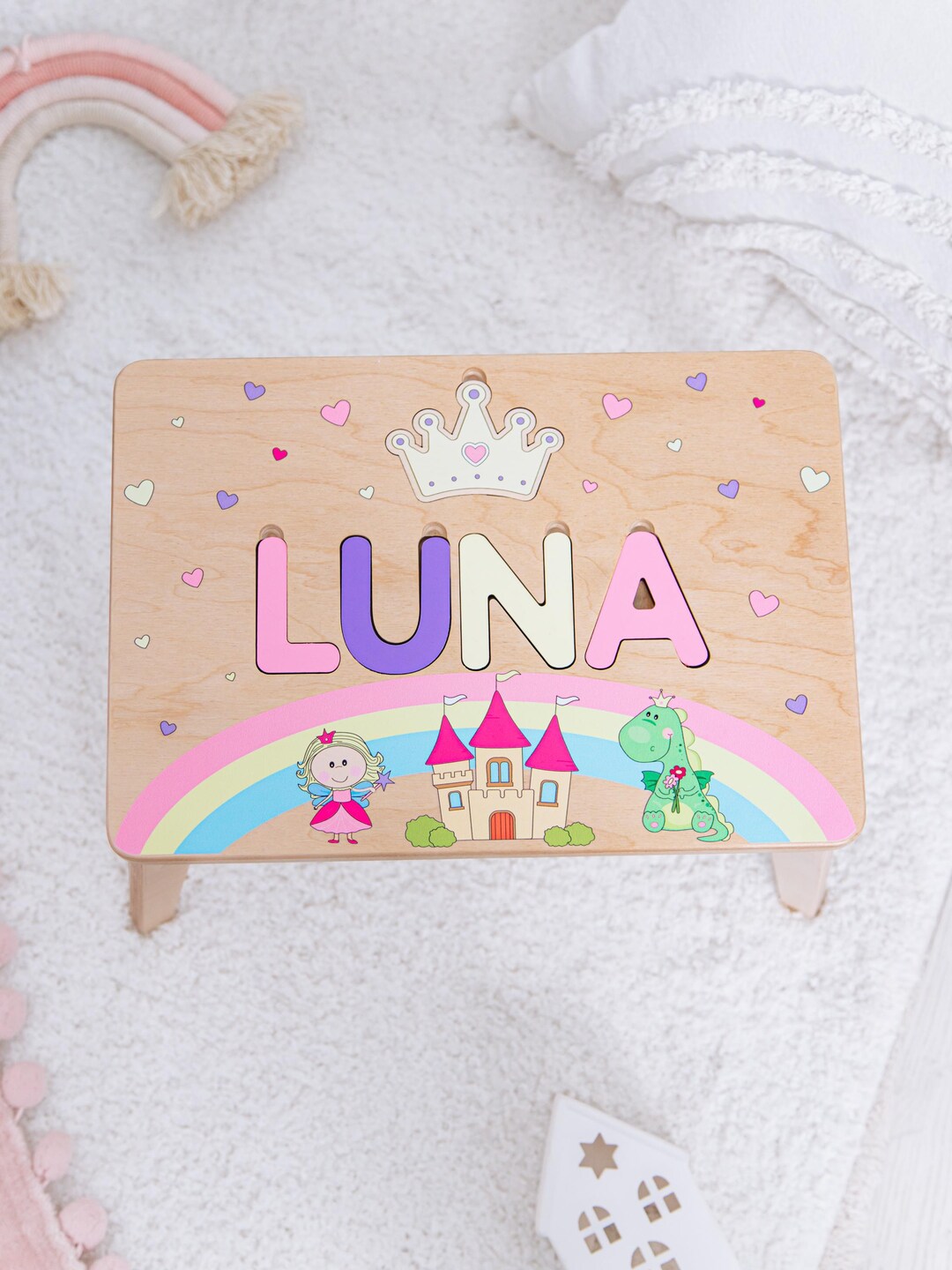 Personalized Princess Name Puzzle Stool, Wooden Step Stool for Kids ...