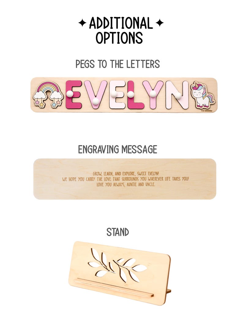 Pu&ograve; includere: Puzzle con nome in legno che scrive "EVELYN" con lettere e pioli rosa. Include un design arcobaleno e unicorno. Il puzzle ha anche un messaggio inciso e un supporto. Il testo sul puzzle dice "GROW, LEARN, AND EXPLORE, SWEET EVELYN!"