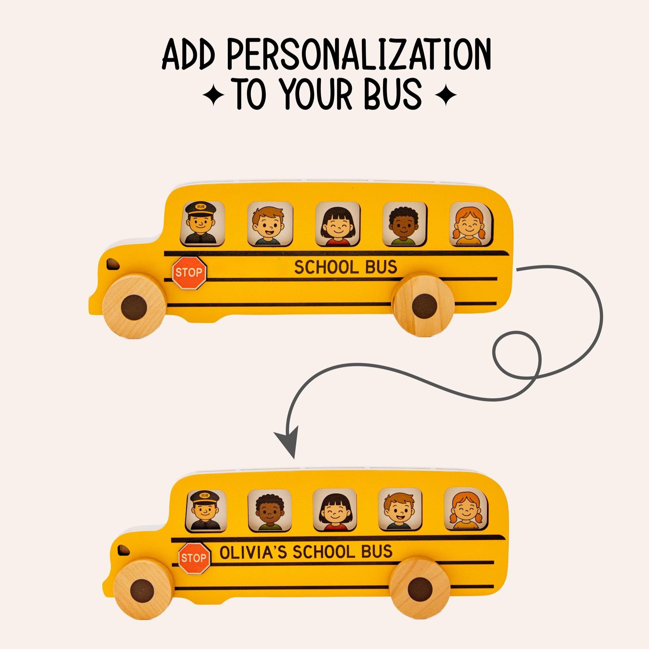 Personalized Wooden Car For Toddler. Eco-friendly School Bus Toy. Sensory Toys. Educational Toy With Small Cards.