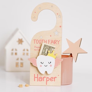 Wooden Tooth Fairy Door Hanger. Personalized Gift for Toddler. Memory Box Stuffer. Tooth Trinket Holder. Custom Tooth Fairy Money Holder.