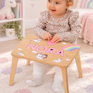 Personalized Wooden Kids Stool, Unicorn Rainbow Puzzle Table, Montessori Learning Furniture, Pastel Girls Room Decor, Toddler Birthday Gift